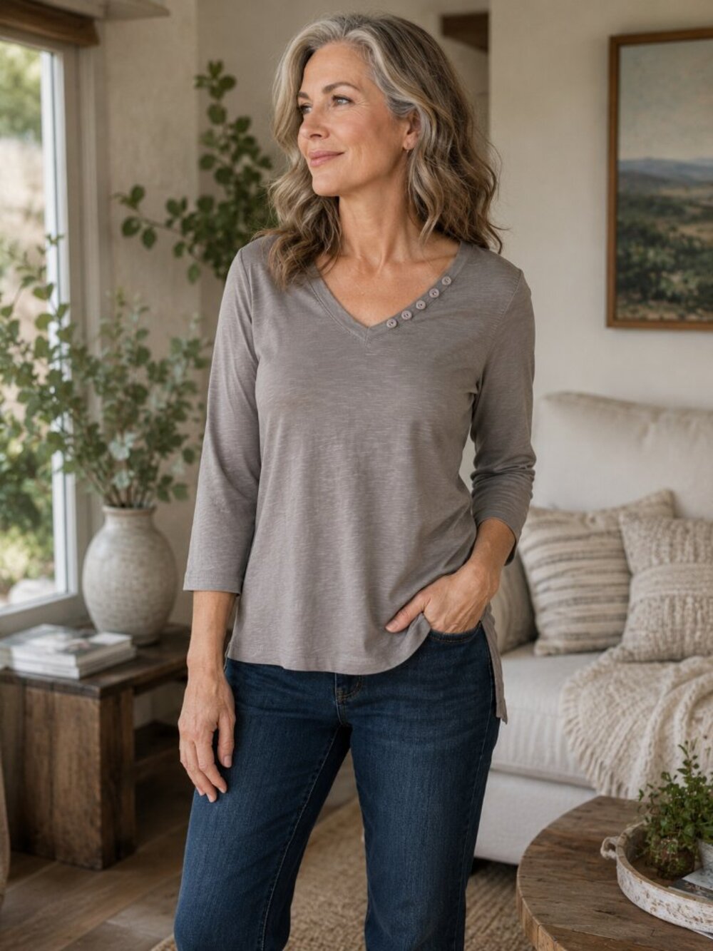 Soft Surroundings Gray Button Detail V Neck Tunic Top 3/4 Sleeve Small